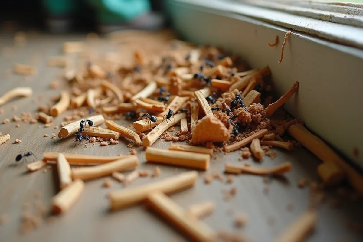 Carpenter ant frass and wood shavings piled beneath a damp window frame in a North Vernon, IN house