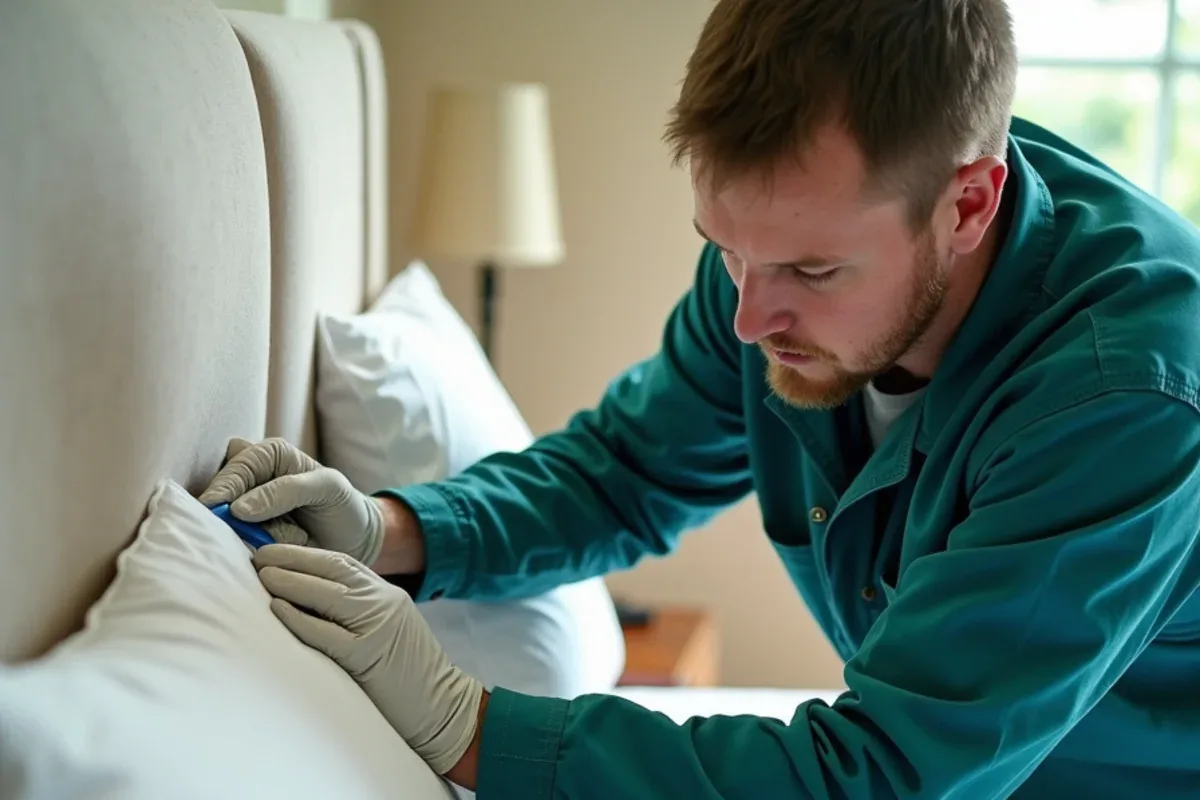Technician treating the cracks behind a bed headboard during a bed bug service in Seymour, IN