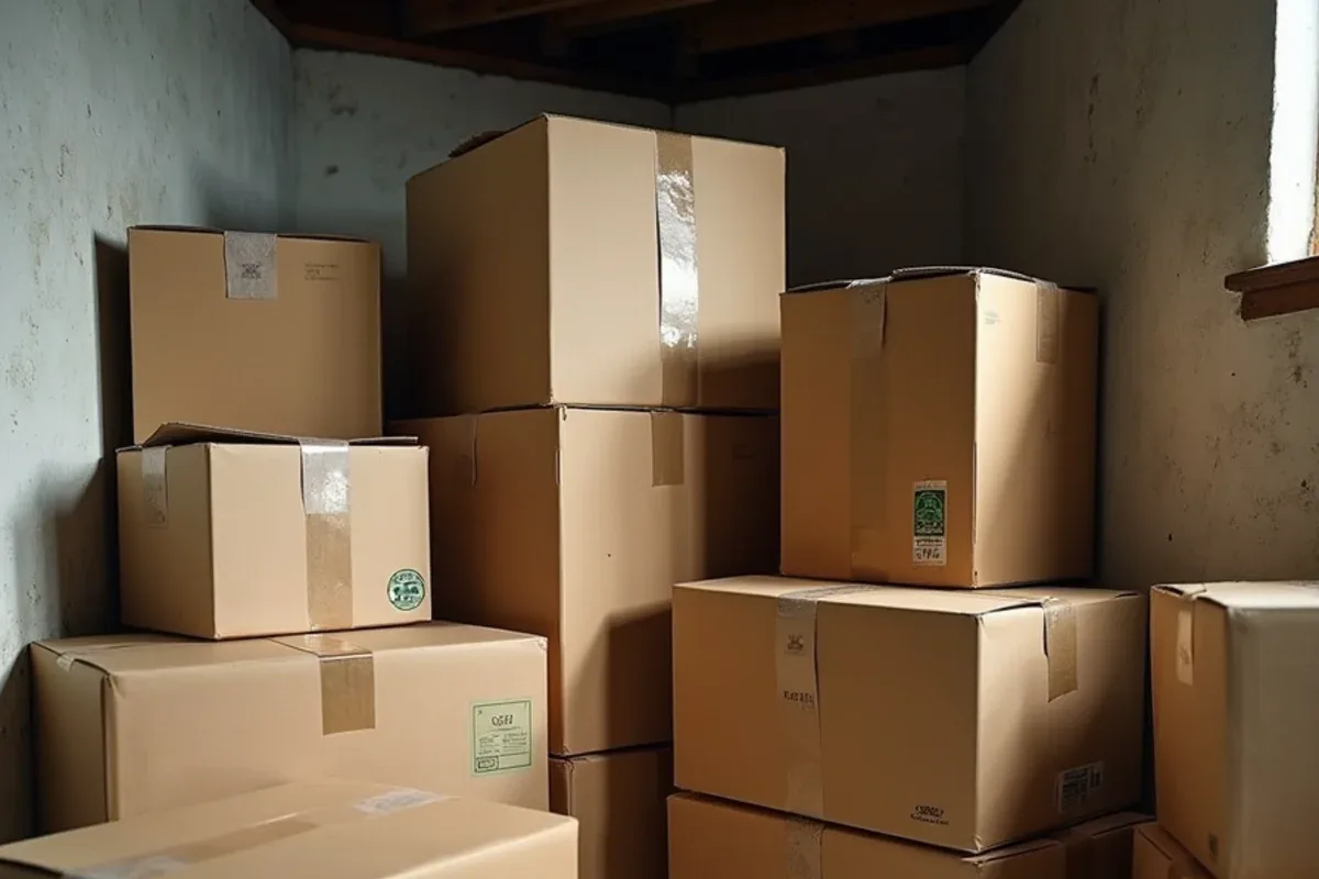 Stacked cardboard boxes in a basement corner where brown recluse spiders hide