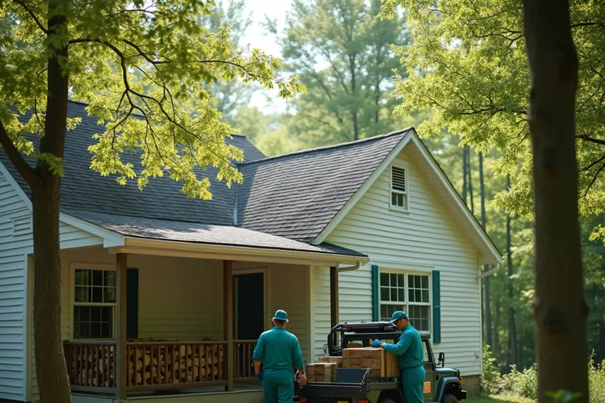 Home on a wooded lot with trees close to the roofline and a woodpile by the deck