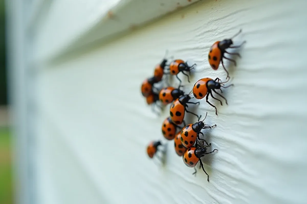 Asian lady beetles clustering on a light-colored siding wall