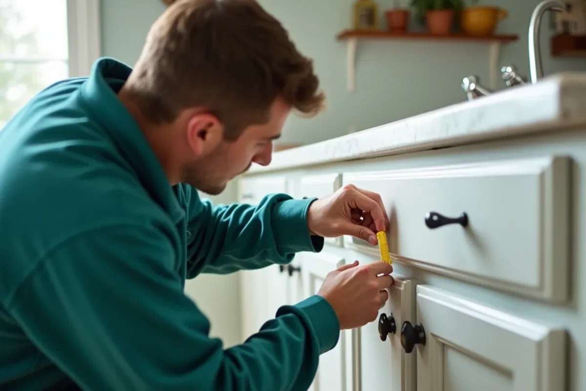 Technician placing small dots of gel bait in a cabinet hinge crevice