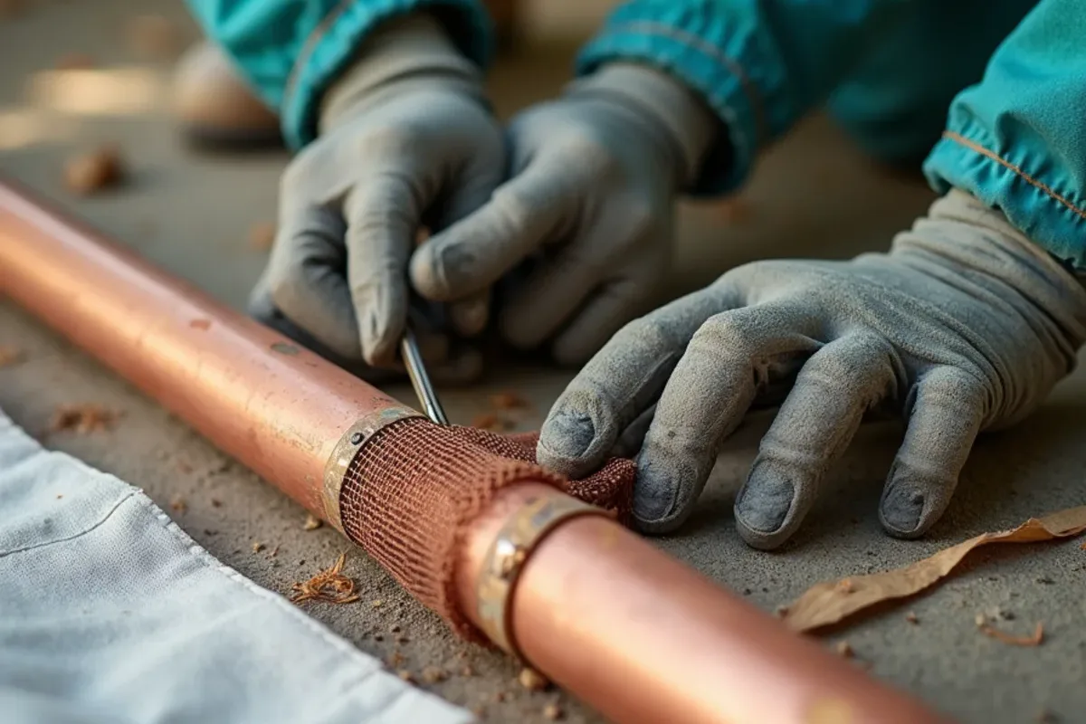 Copper mesh packed into a pipe penetration and sealed with caulk