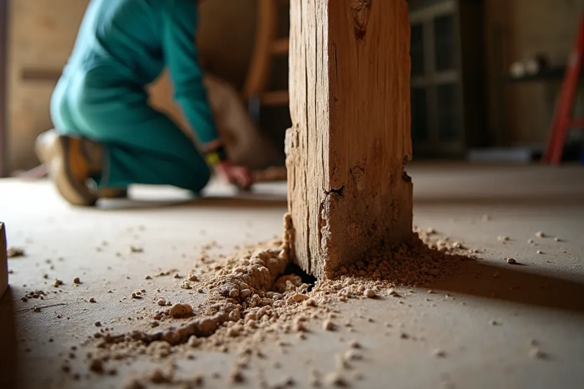 Hand-hewn floor joist in a historic cellar showing termite and moisture damage