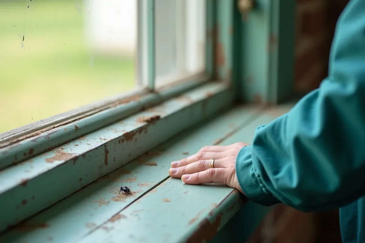 Original wooden window sill and trim on a historic home being checked for pests