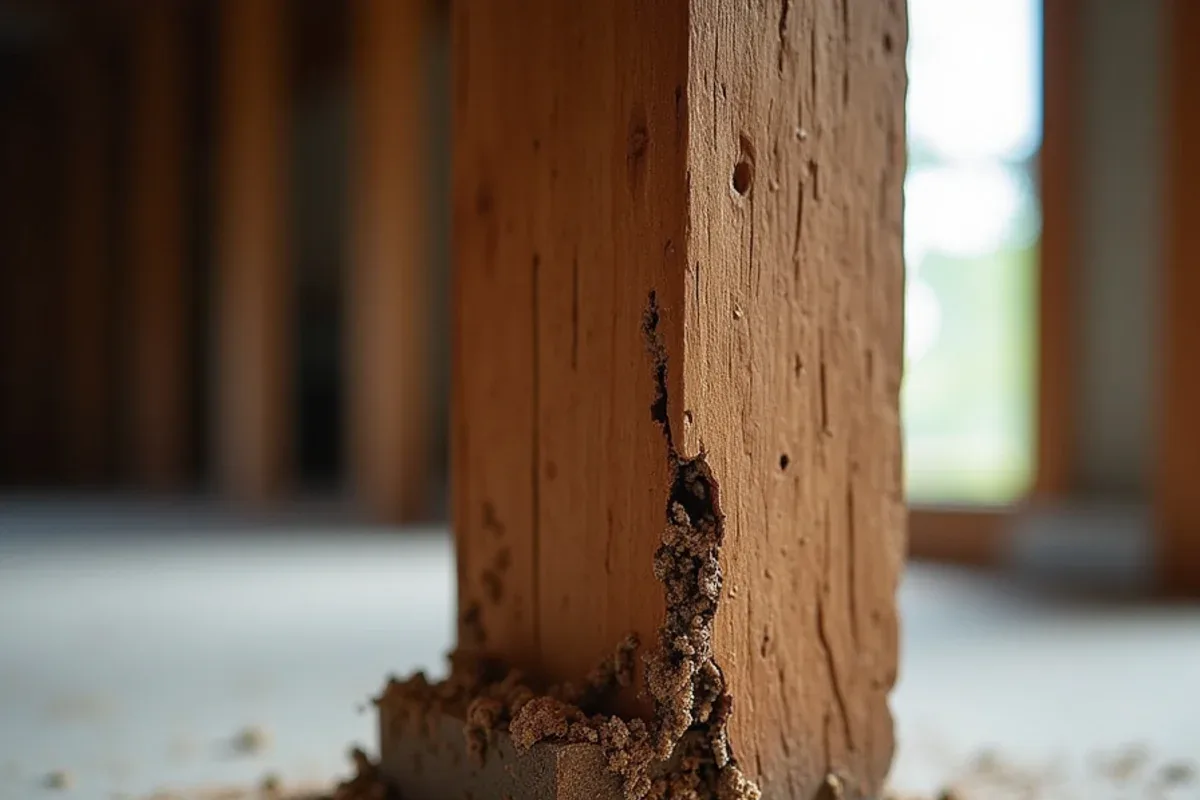Termite-damaged floor joist with hollowed wood and soil-packed galleries
