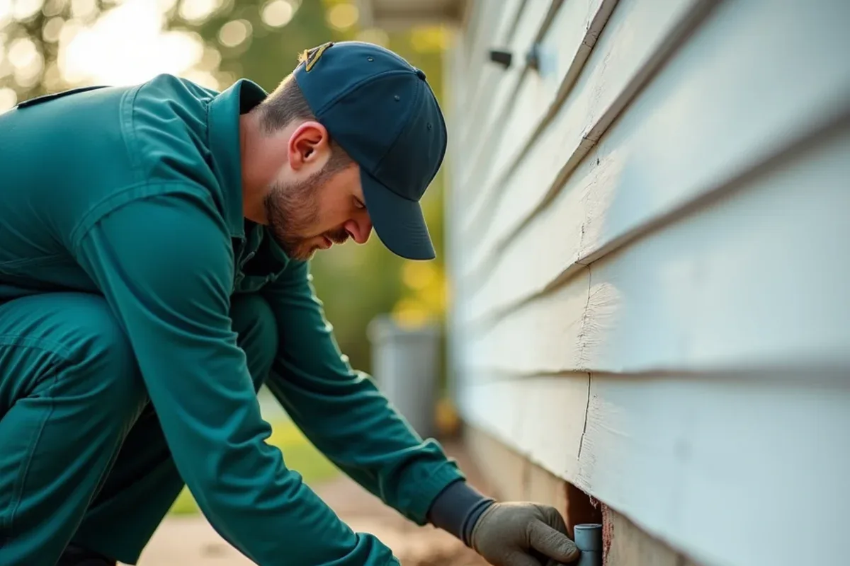 Technician sealing a gap around a pipe entering a foundation wall
