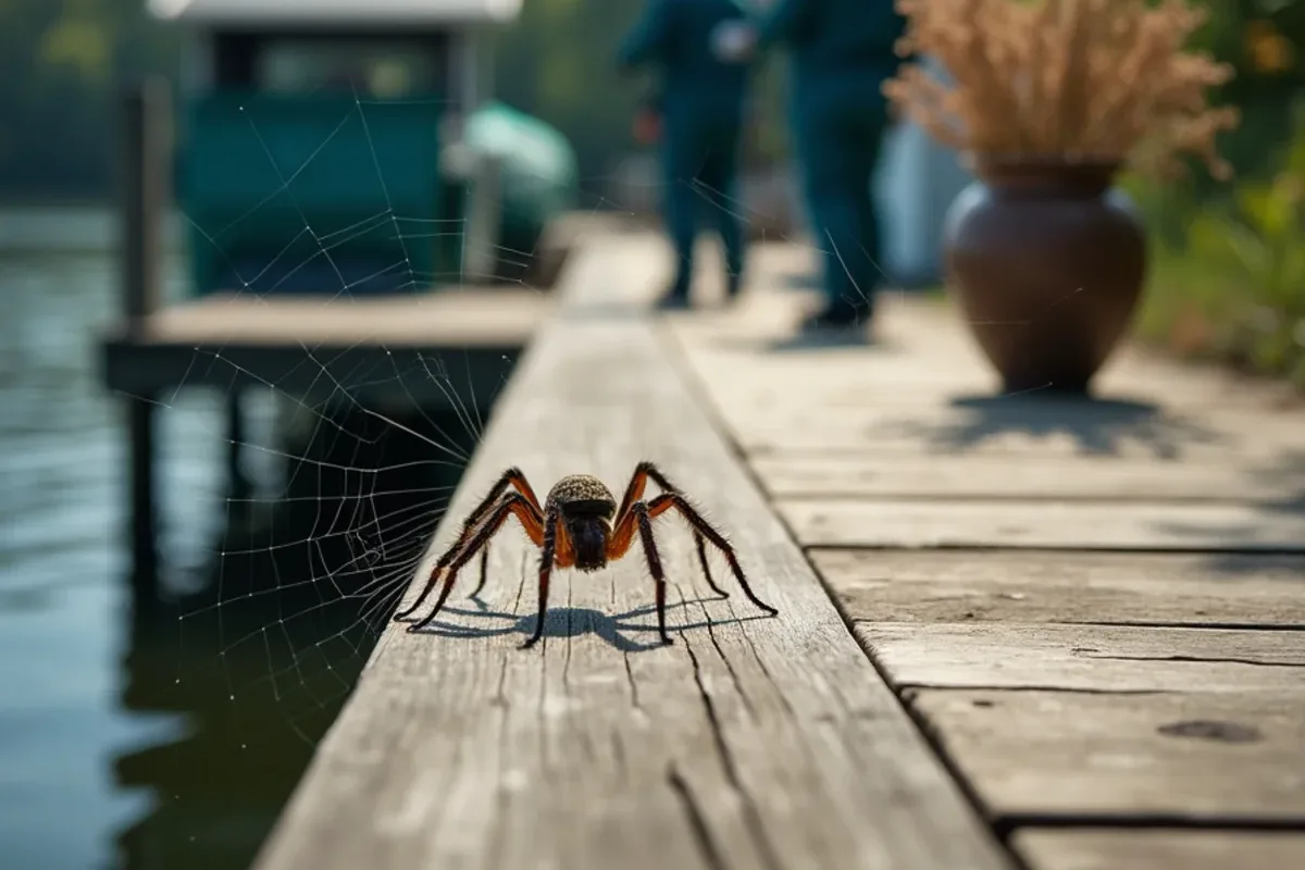 Spider webs along a dock railing and boathouse at a small Indiana lake