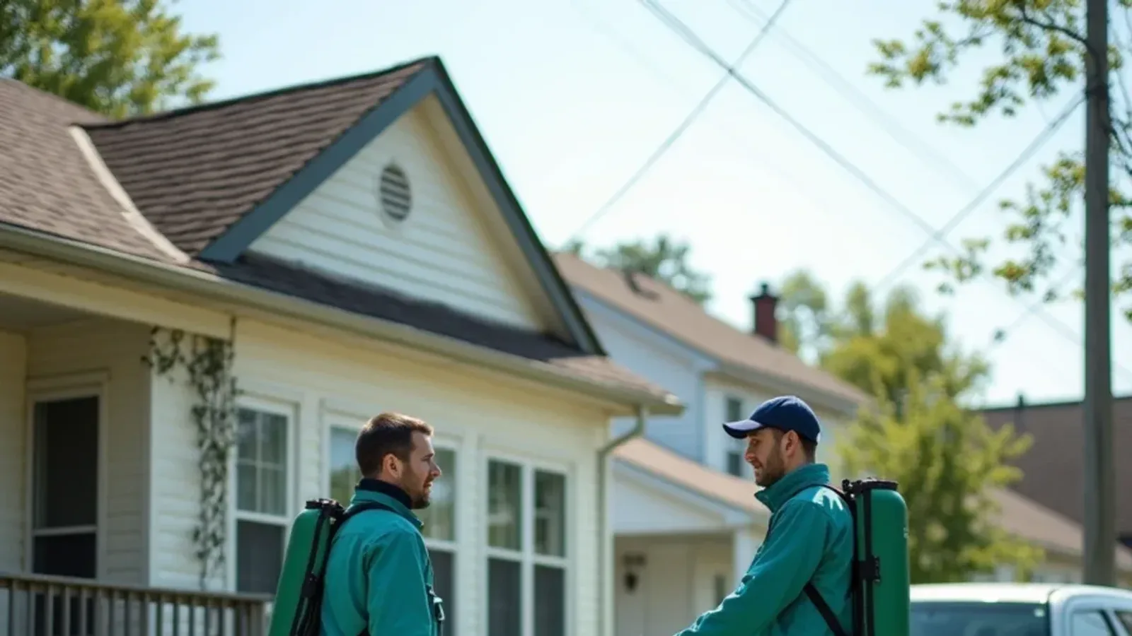 Older rental duplex on a street in southern Indiana with a landlord meeting a pest technician