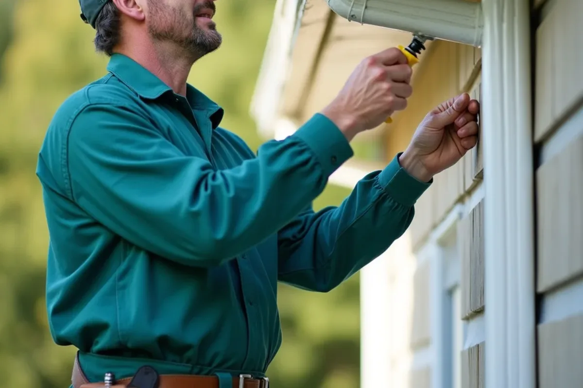 Technician checking an eave and downspout during a quarterly pest control visit