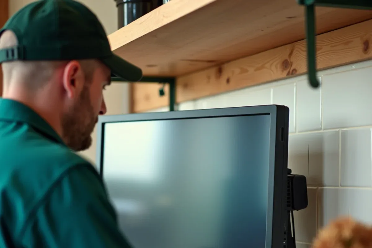 Glue monitor placed behind a dry-storage shelf in a restaurant back room