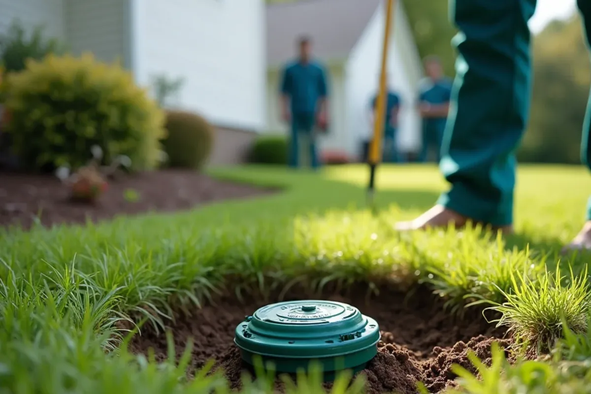 In-ground termite bait station set flush with the lawn near a home foundation