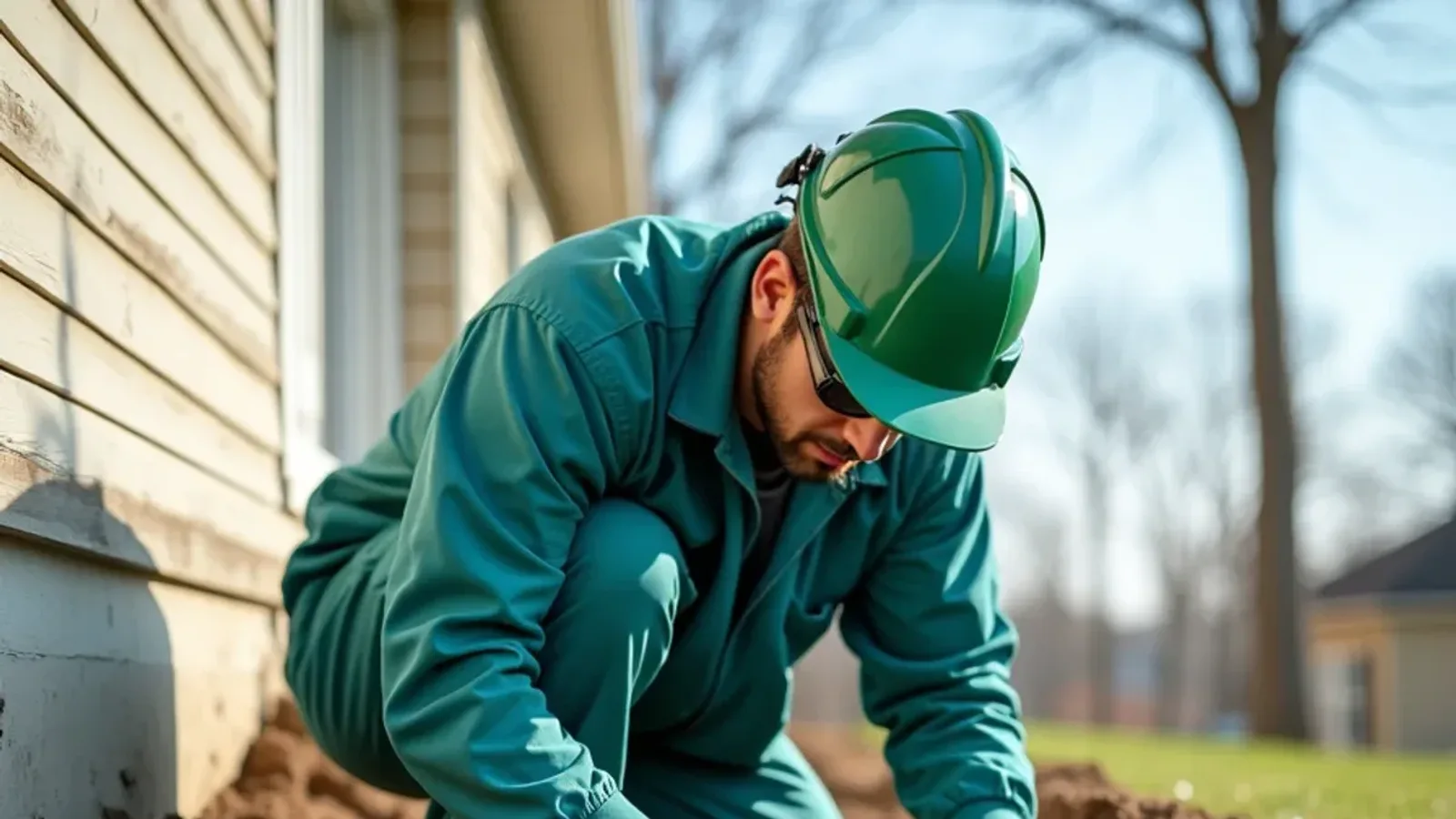 Technician trenching soil along a foundation for a liquid termite barrier treatment in Indiana
