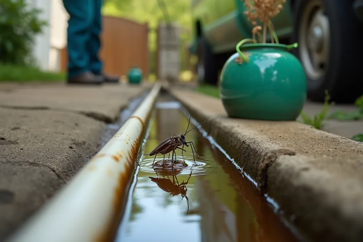 Clogged gutter and plant saucer holding standing water that breeds mosquitoes