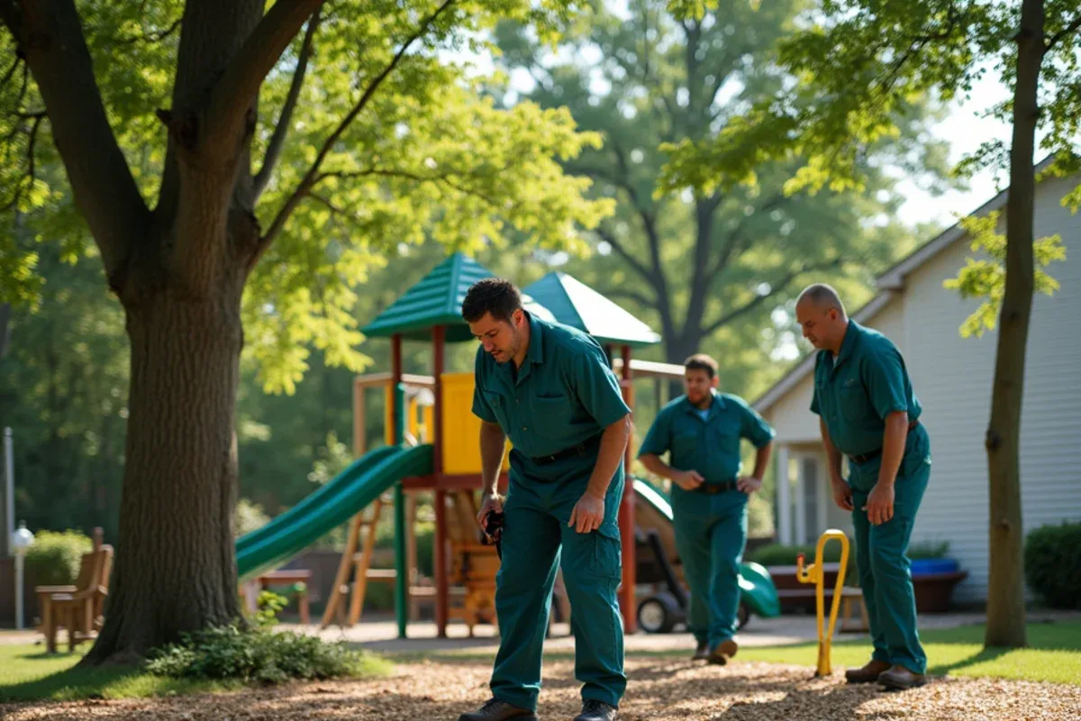 Children's play area set back from the wooded edge of a yard with a wood chip barrier