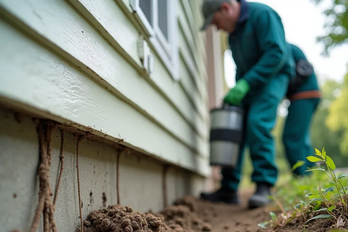 Subterranean termite mud tubes climbing a concrete foundation wall