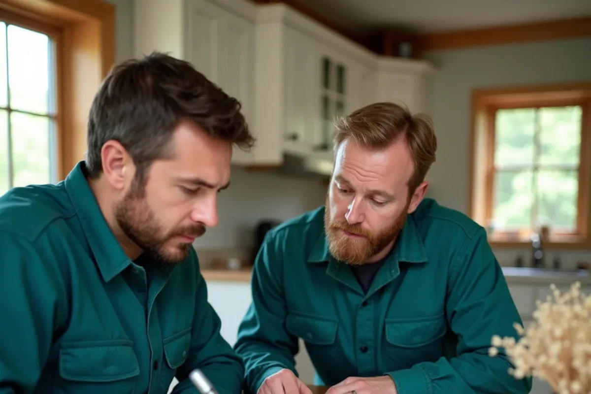Buyer and seller reviewing a wood destroying insect report at a kitchen table