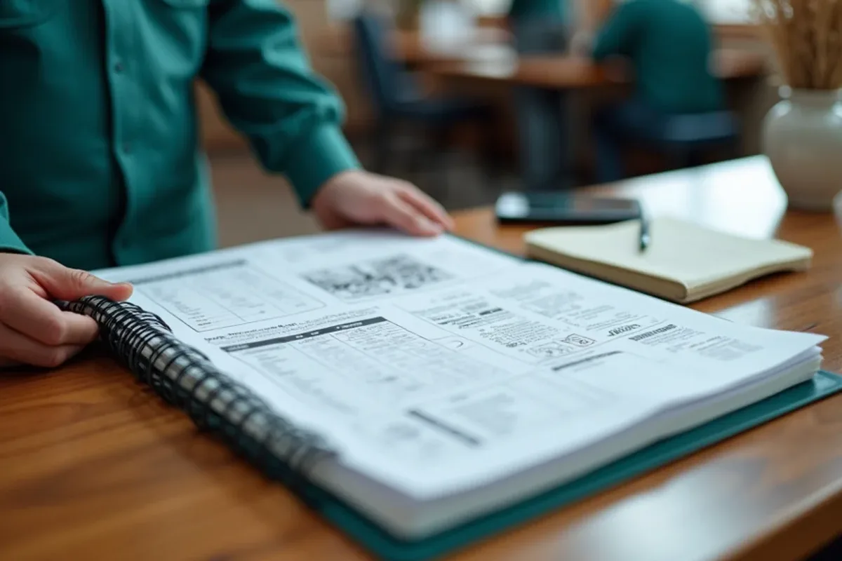 Pest control service log binder and trap map on a restaurant office desk