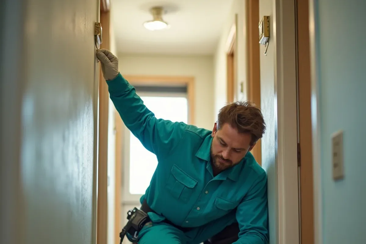 Technician checking baseboards in a multi-unit rental hallway in Jackson County, IN