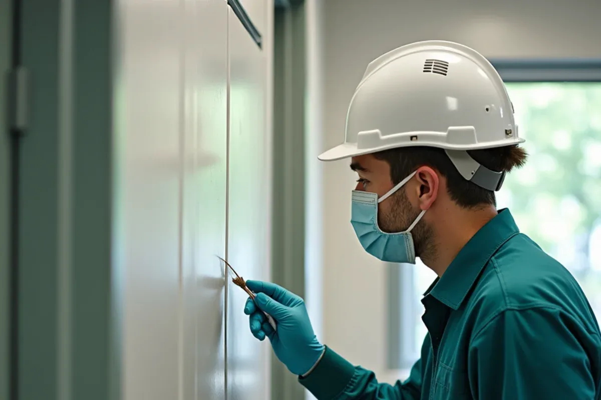 Technician treating cracks behind appliances in an office break room