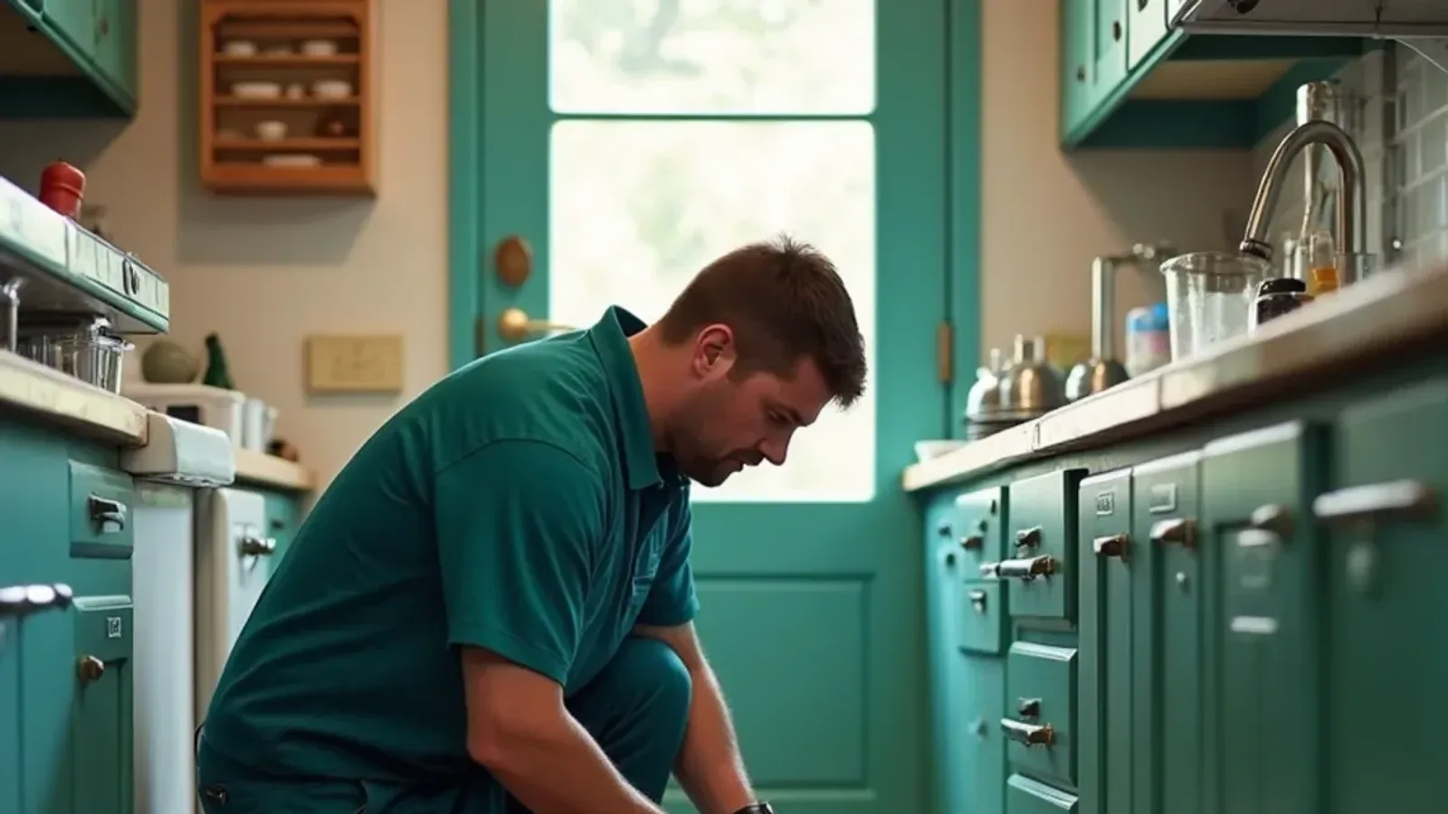 Technician inspecting a restaurant kitchen floor drain and storage area in Seymour, IN