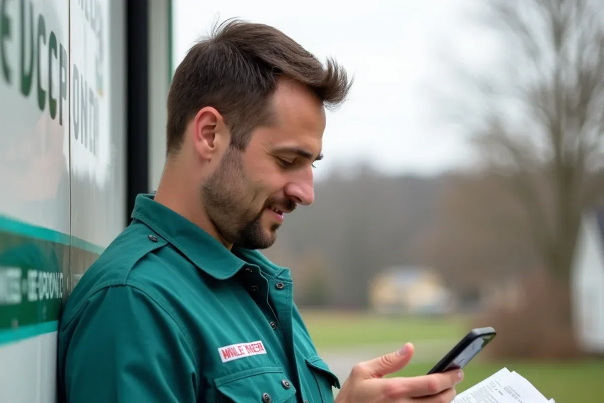 Miller's technician reviewing job details on a phone beside the service truck before a same-day visit