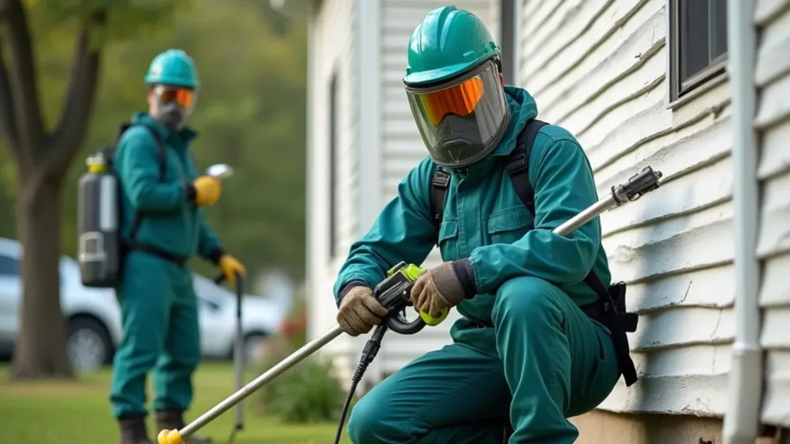 Pest control technician treating the foundation of a Hayden, IN home