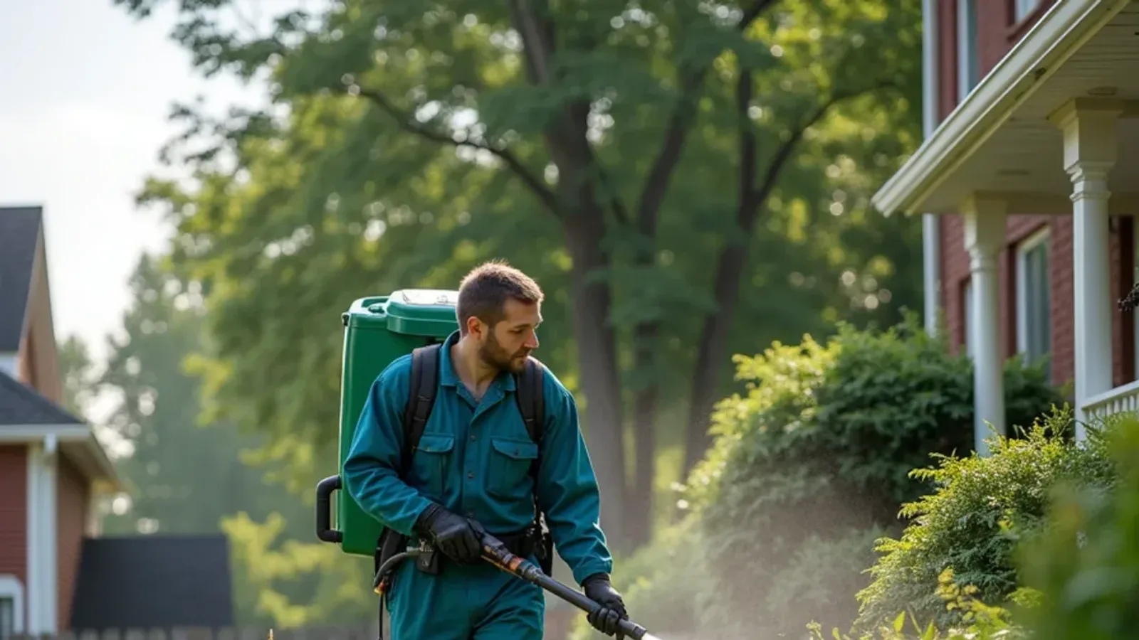 Technician treating shrub borders and tall grass edges of a backyard near Seymour, IN for ticks and mosquitoes