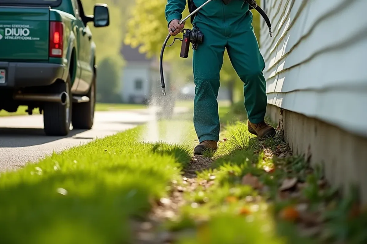 Technician spraying a spring perimeter barrier along a vinyl-sided home in Jennings County, IN