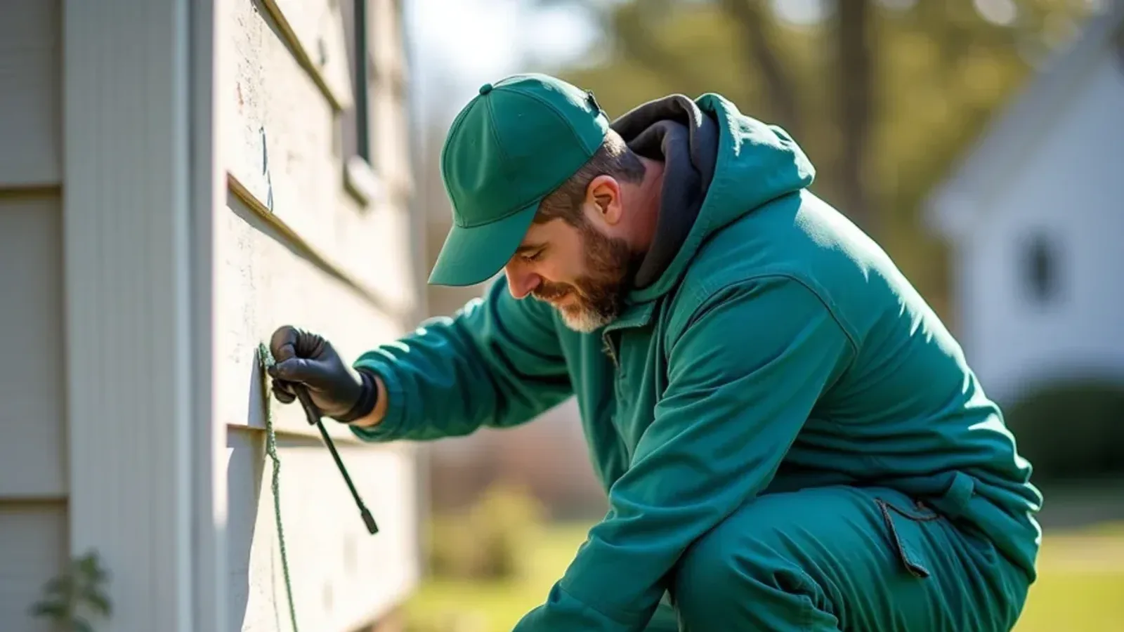 Technician applying a seasonal perimeter treatment to the foundation of a Hayden, IN home