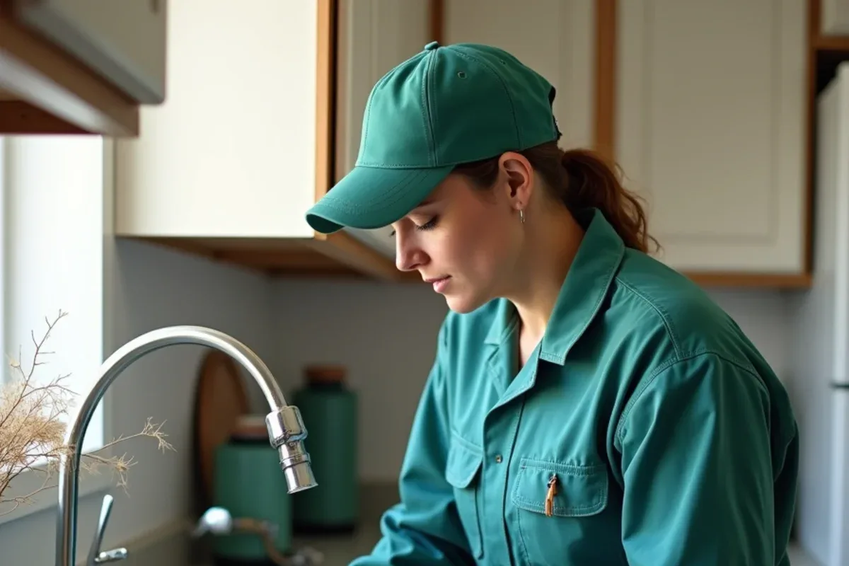 Technician checking under a kitchen sink for ant and roach activity