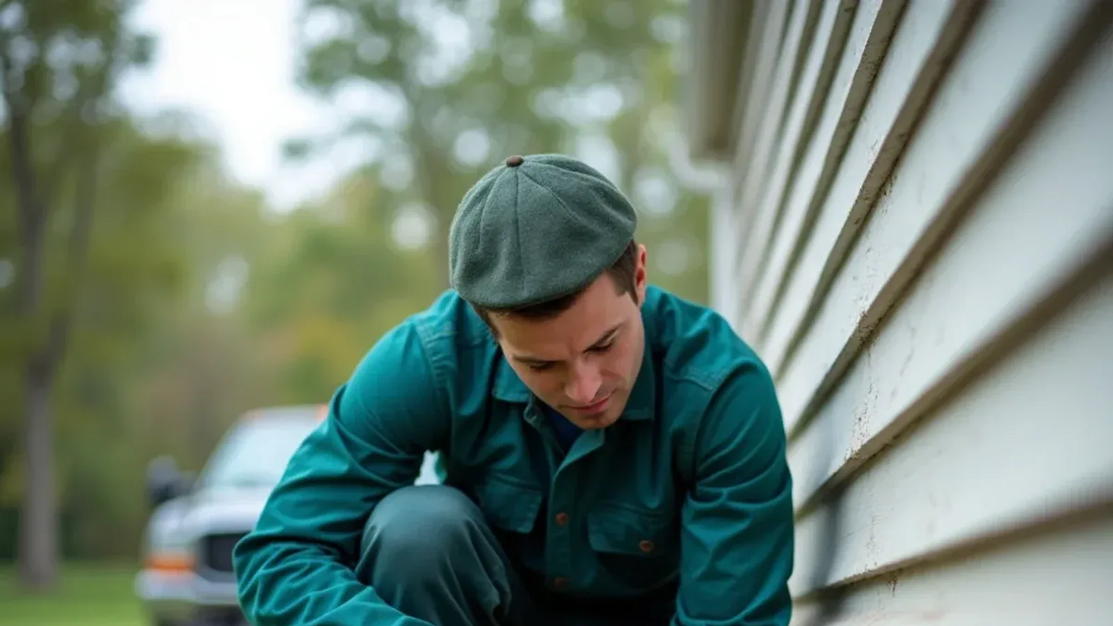 Technician sealing a gap around a pipe with copper mesh on a Hayden, IN home foundation