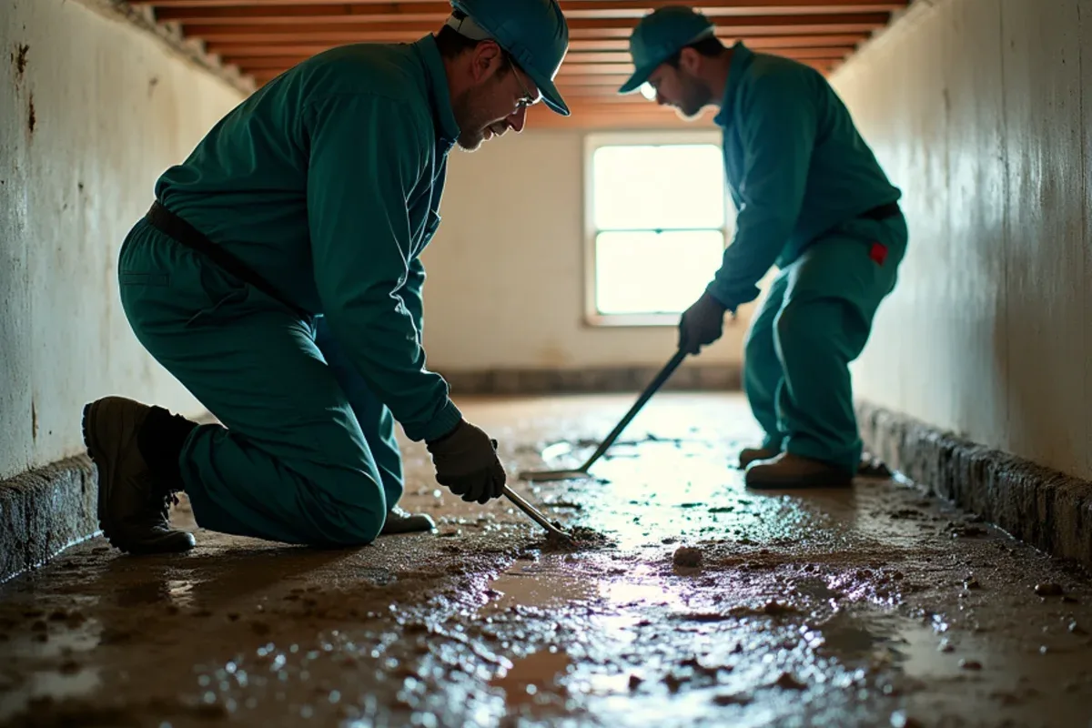 Damp crawlspace with moisture staining in a low-lying Aurora, IN house