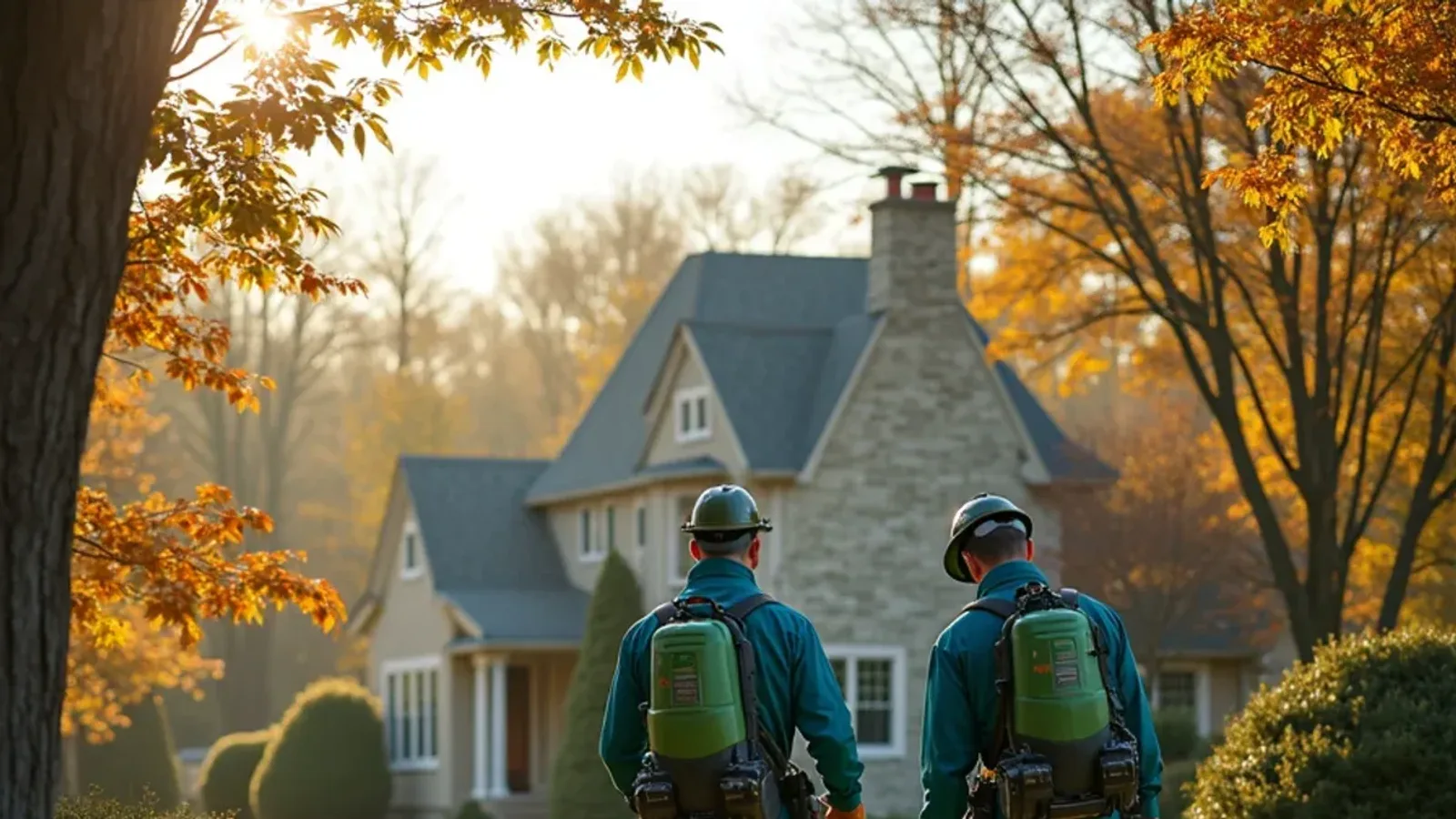 Late-fall light on a limestone-trimmed home and wooded ridge in Bedford, IN