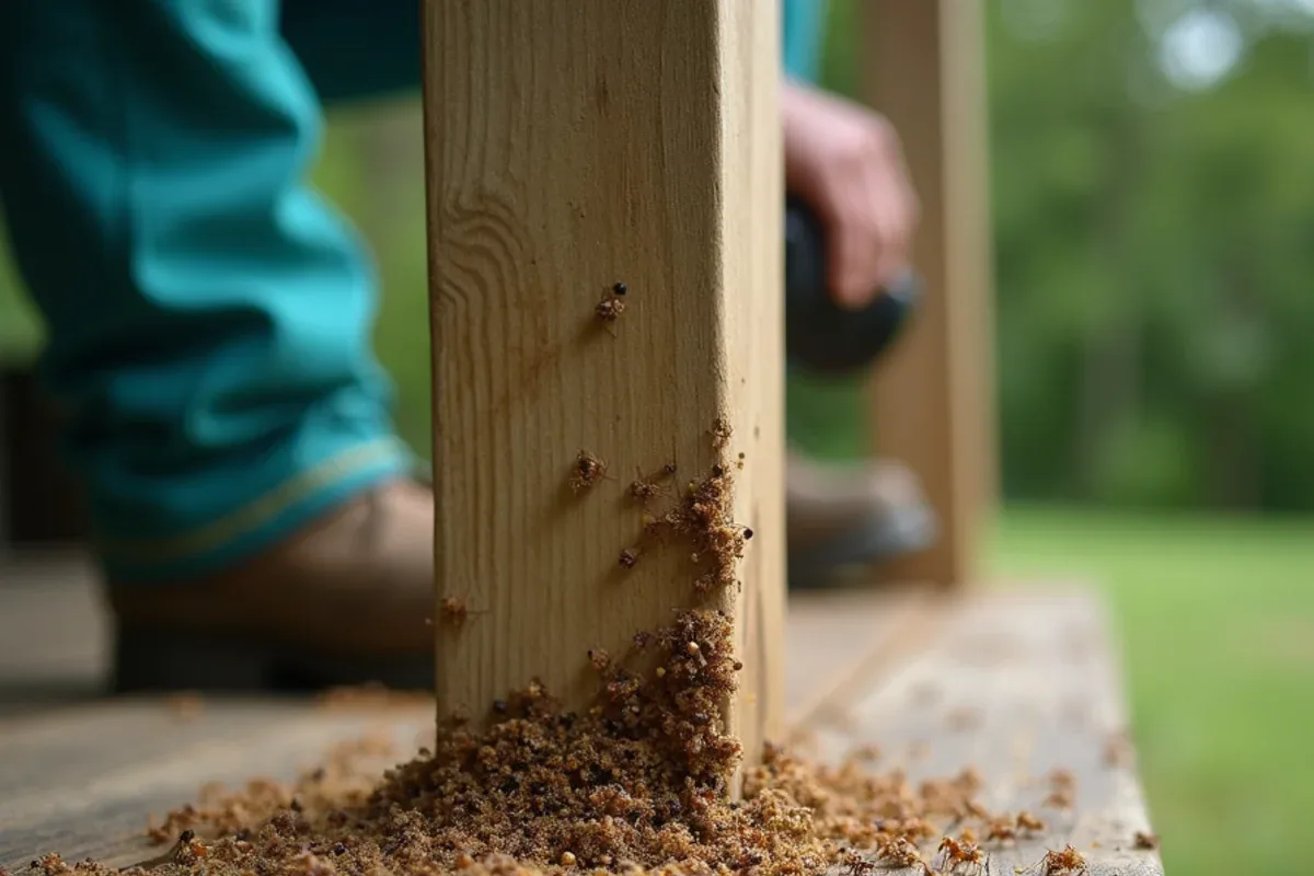 Carpenter ant frass at a deck post on a wooded Brownstown, IN lot