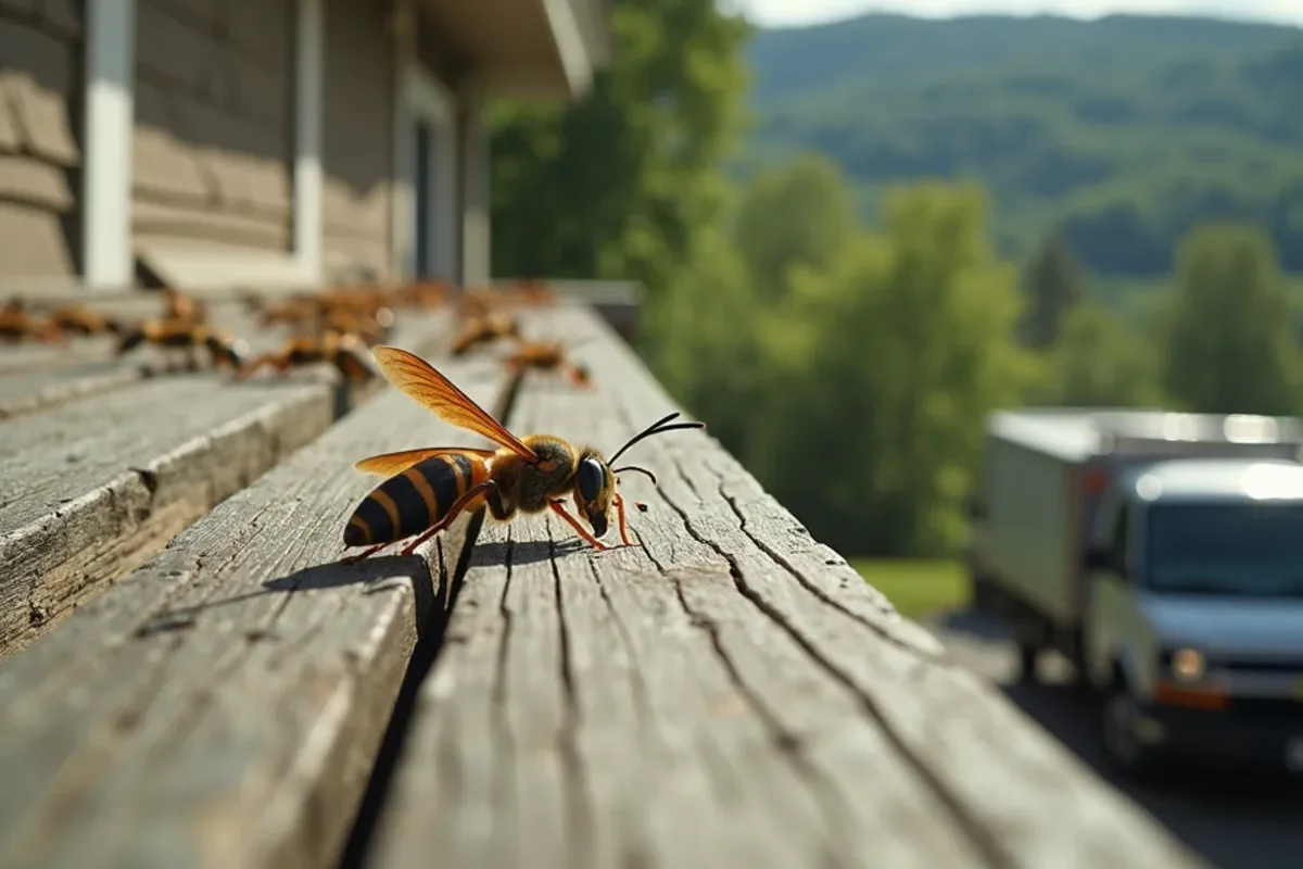 Hillside deck and eaves with paper wasp activity near Cordry Lake, IN