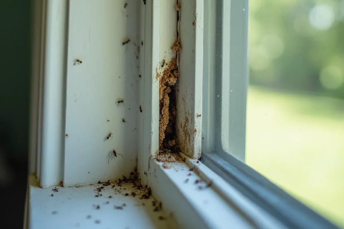 Carpenter ant frass at a window frame in a lake home near Sweetwater Lake, IN