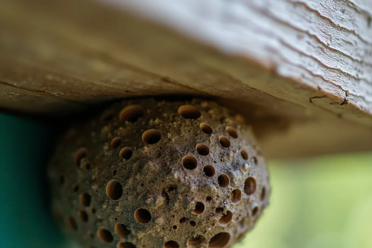 Paper wasp nest under a lakeside deck rail in Hidden Valley, IN