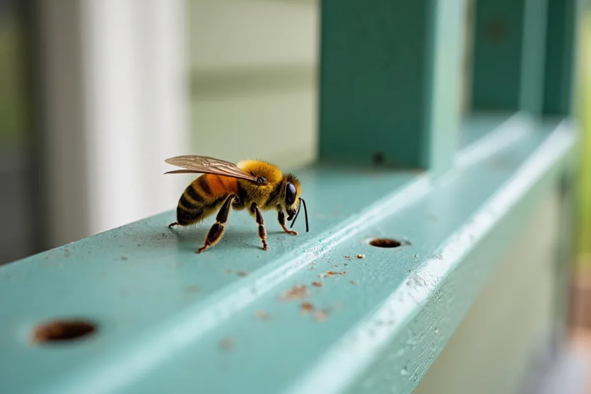 Carpenter bee entry holes in a porch rail of a Hope, IN home
