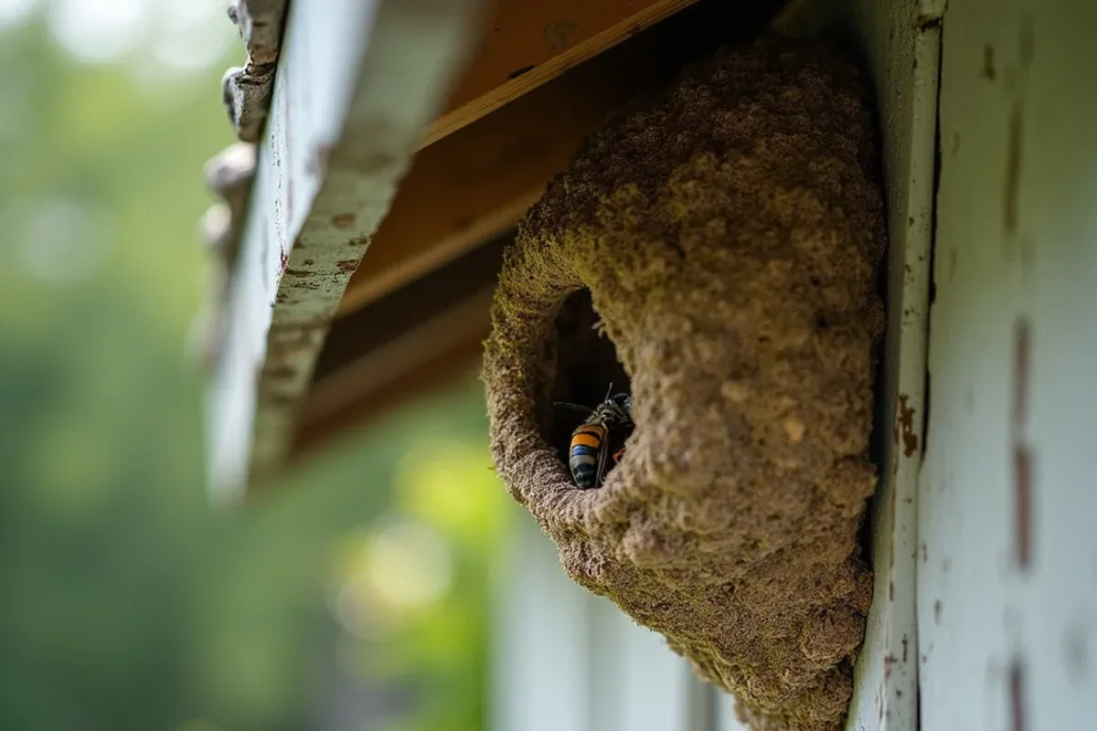 Paper wasp nest under the eave of a Jennings County barn