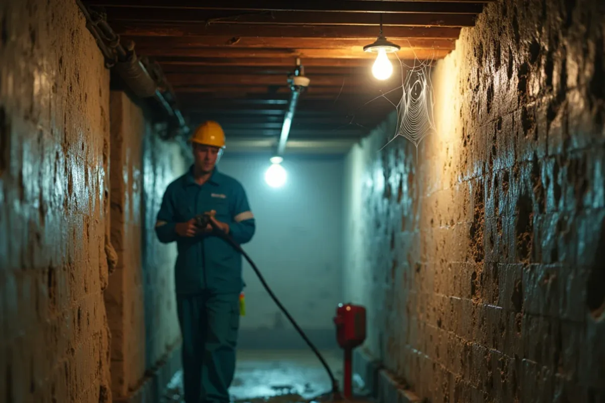 Damp stone basement with spider webs in an 1800s Madison, IN home