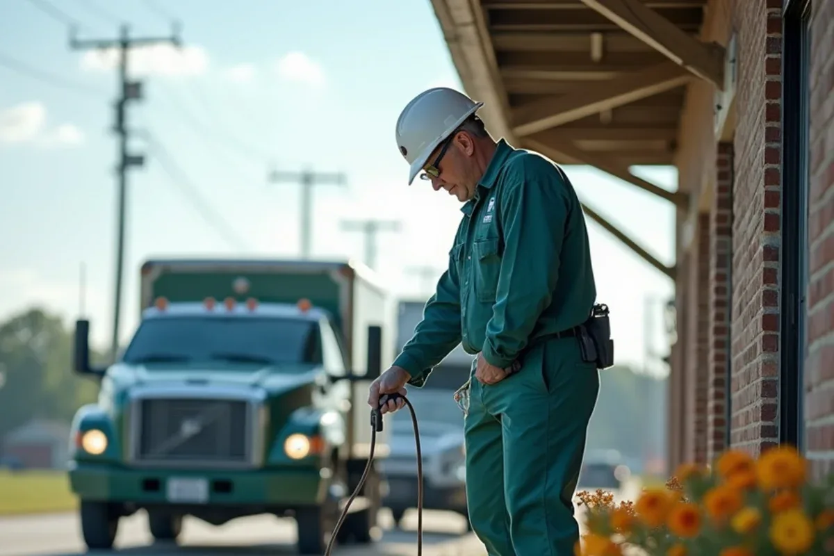 Technician checking the exterior of an interstate-side business in Scottsburg, IN