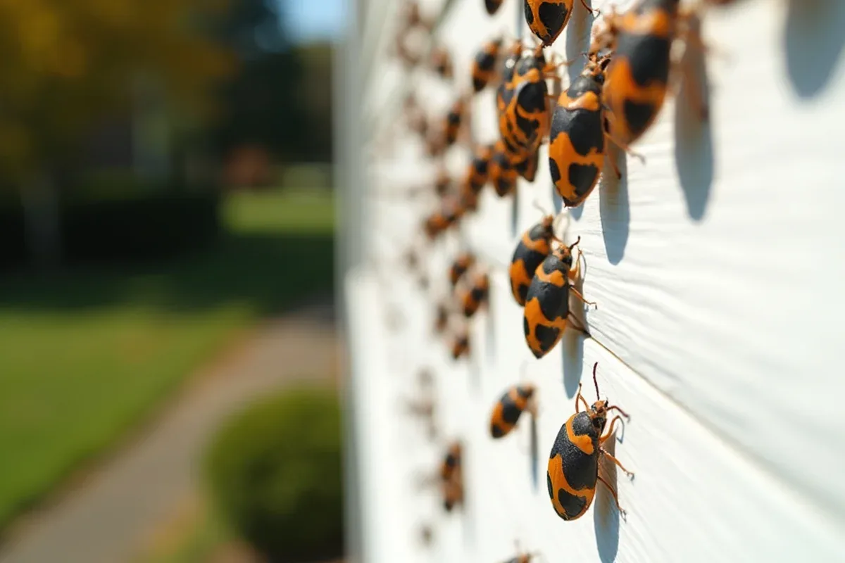 Boxelder bugs clustered on sunny siding of a Westport, IN home in October