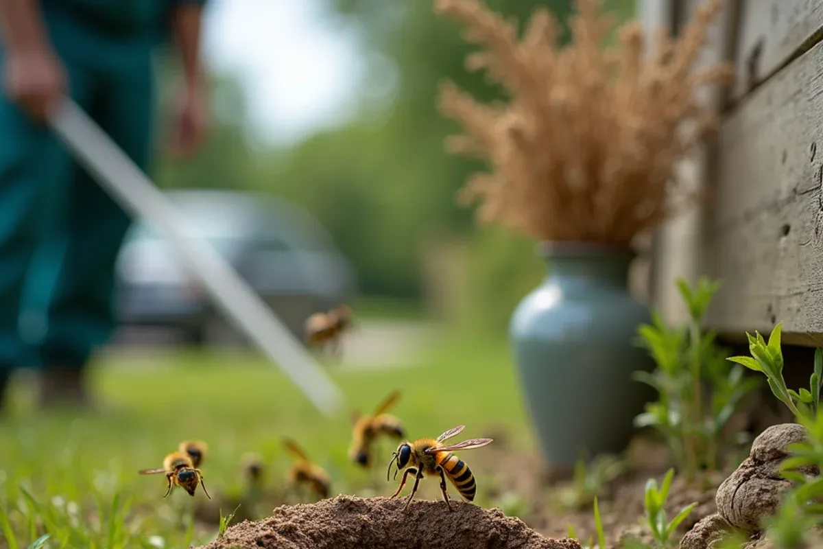 Yellow jackets flying in and out of a ground nest entrance in a southern Indiana lawn