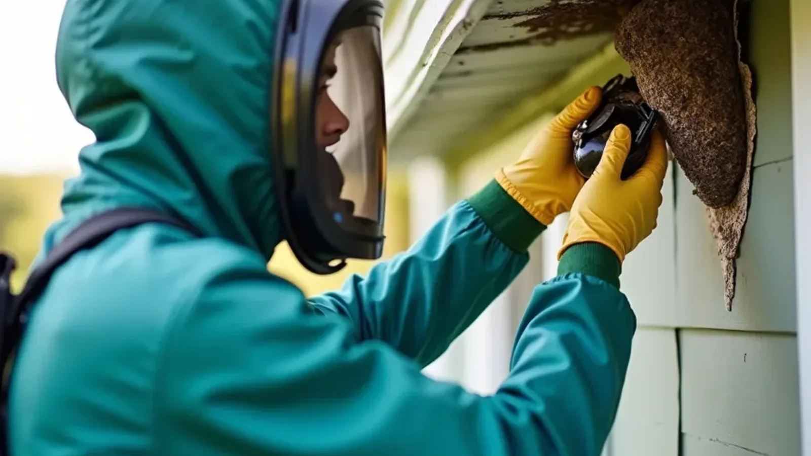 Technician in a protective suit treating a bald-faced hornet nest under the eave of a Hayden, IN home